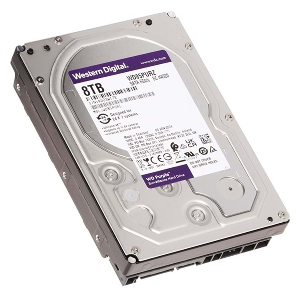 8 TB WD 3.5 PURPLE SATA3 5640RPM 256MB 7/24 GUVENLIK WD85PURZ (3 YIL RESMI DIST GARANTILI) 