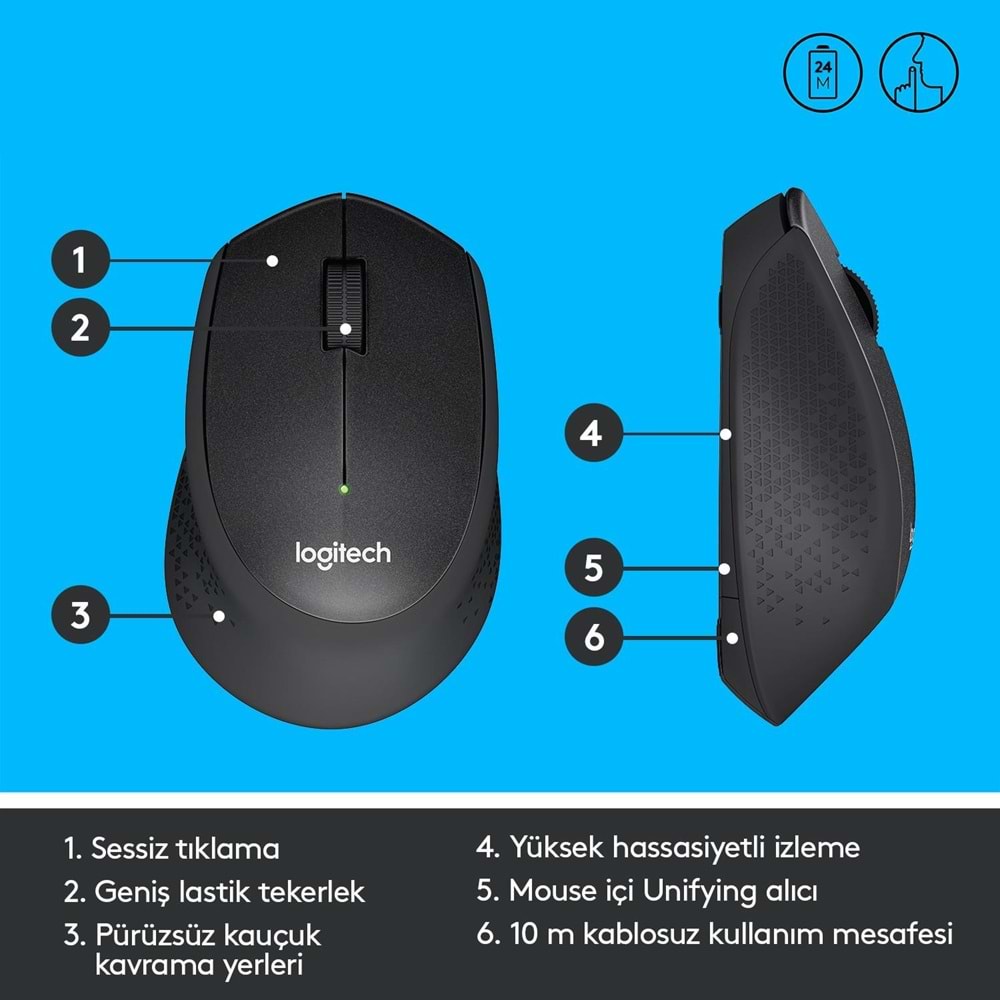LOGITECH M330 SESSİZ KABLOSUZ USB OPTİK MOUSE SİYAH 910-004909 
