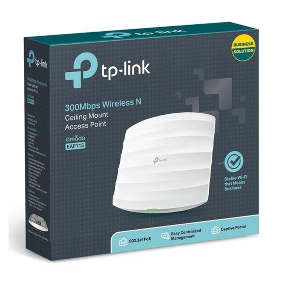 TP-LINK OMADA EAP115 1 PORT 10/100 2.4GHZ 300MBPS WIFI5 2X4DBI ANTEN TAVAN TİPİ ACCESS POINT (POWER ADAPTÖRÜ DAHİL) 