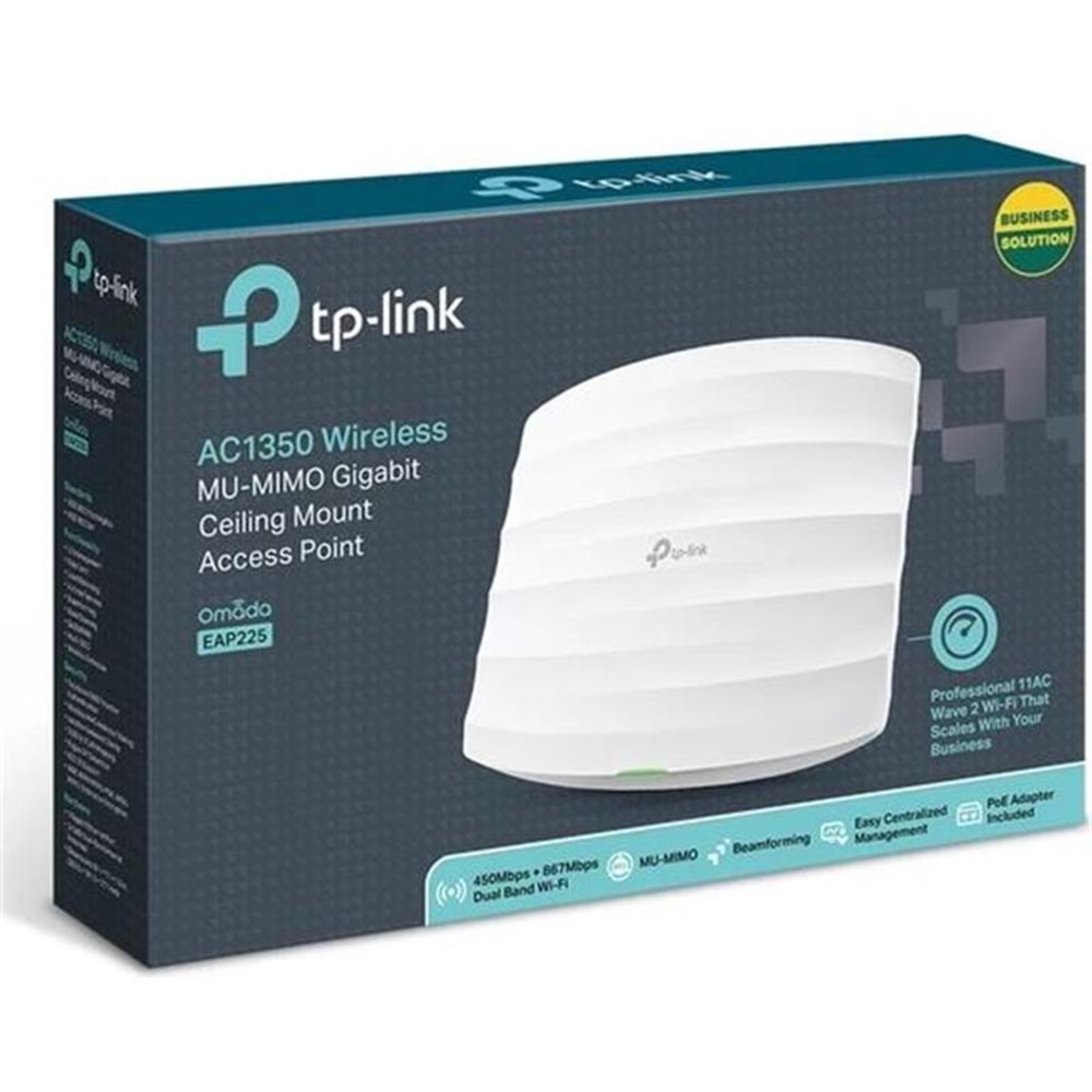 TP-LINK OMADA EAP225 AC1350 1 PORT GIGABIT RJ45 2.4/5GHZ MU-MIMO POE TAVAN TİPİ ACCESS POINT (POE ADAPTÖRÜ DAHİL) 