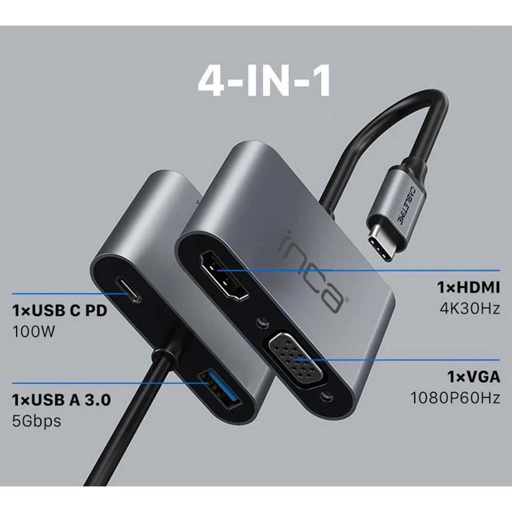 INCA ITPC-06T TYPE-C HUB X4 HDMI 4K@30 Hz+ VGA+ USB 3.0+PD 100W ALUMINYUM KASA ÇOKLAYICI 