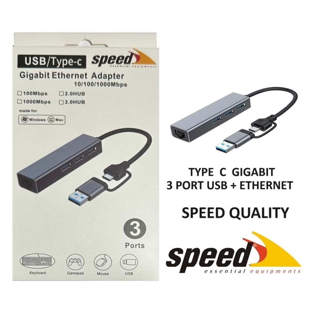 SPEED SP-UET01 USB3.0/TYPE-C 3 PORT USB 3.0 ÇOKLAYICI GIGABIT ETHERNET DÖNÜŞTÜRÜCÜ 