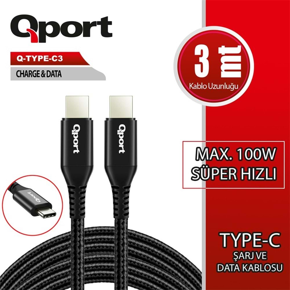 QPORT Q-TYPE-C3 3 METRE TYPE-C 100W PD ŞARJ VE DATA KABLOSU 