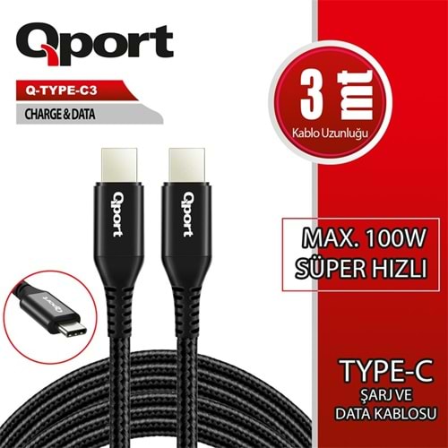 QPORT Q-TYPE-C3 3 METRE TYPE-C 100W PD ŞARJ VE DATA KABLOSU 